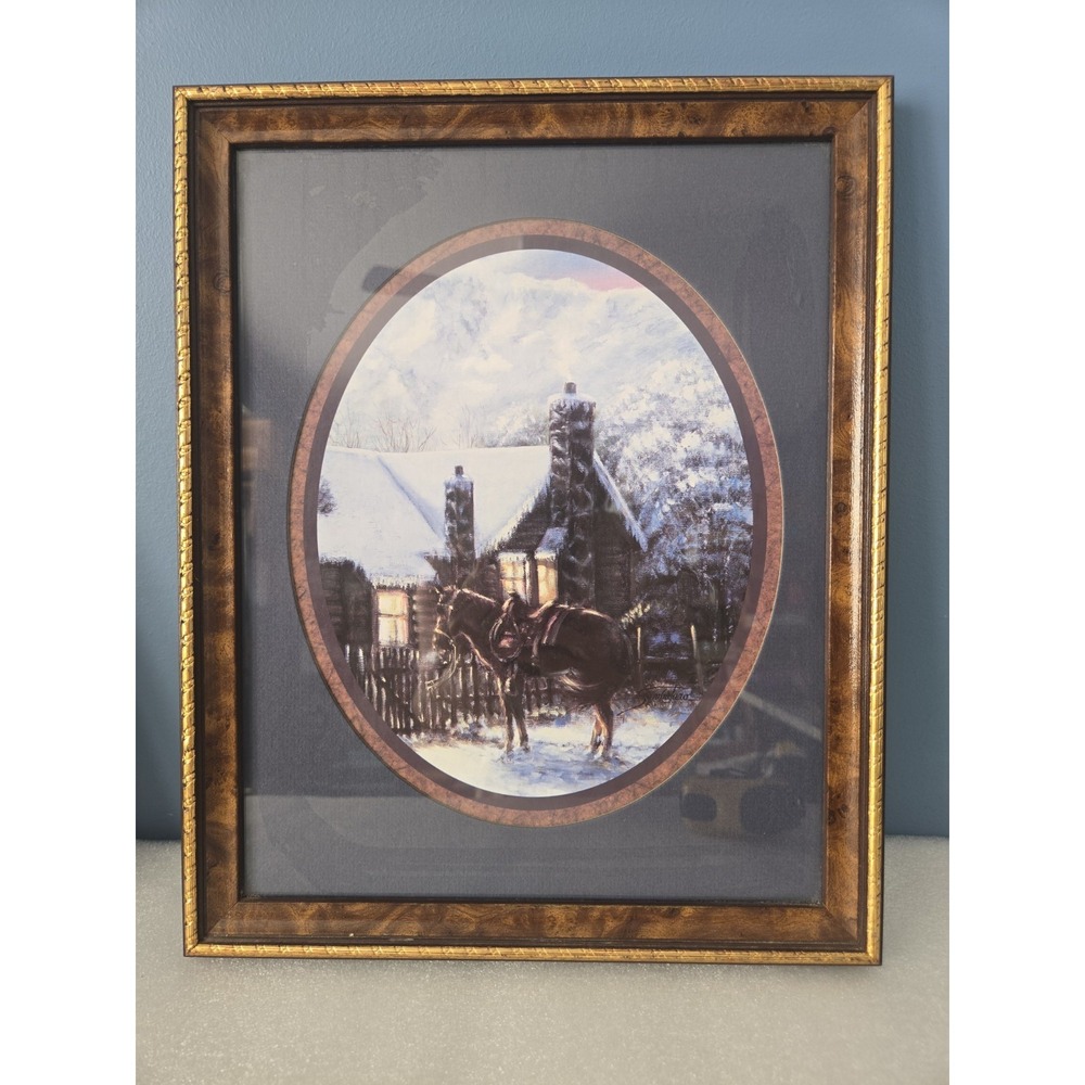 Joe Sambataro Framed Matted Lithograph Horse Winter Cabin Scene 15"x12"